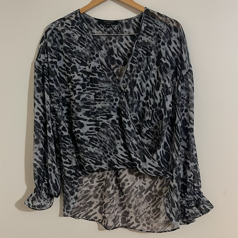 all saints semi sheer animal print y2k 90s hi low blouse medium